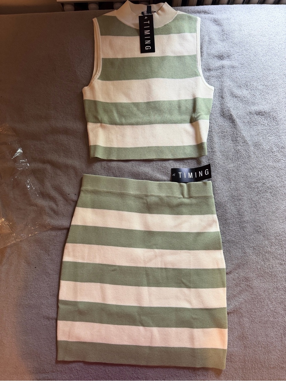 TIMING Sage Green and White Striped Knit Skirt Set